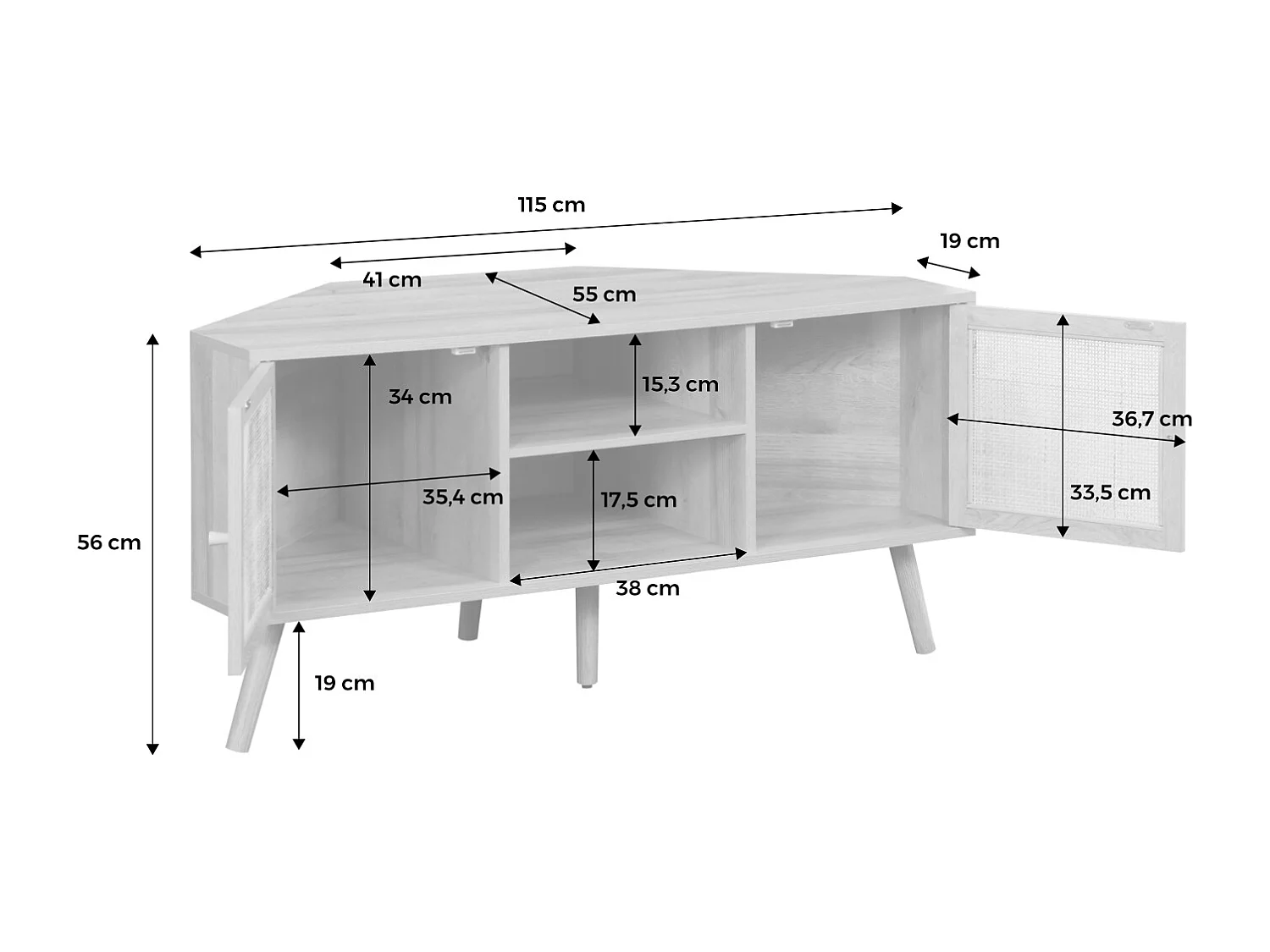 Meuble TV d'angle en décor bois et cannage. 2 portes. 1 étagère. 115cm