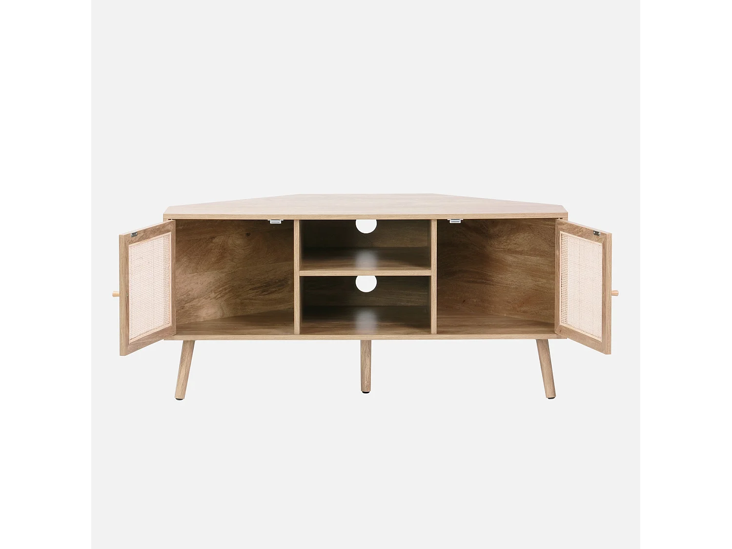 Meuble TV d'angle en décor bois et cannage. 2 portes. 1 étagère. 115cm