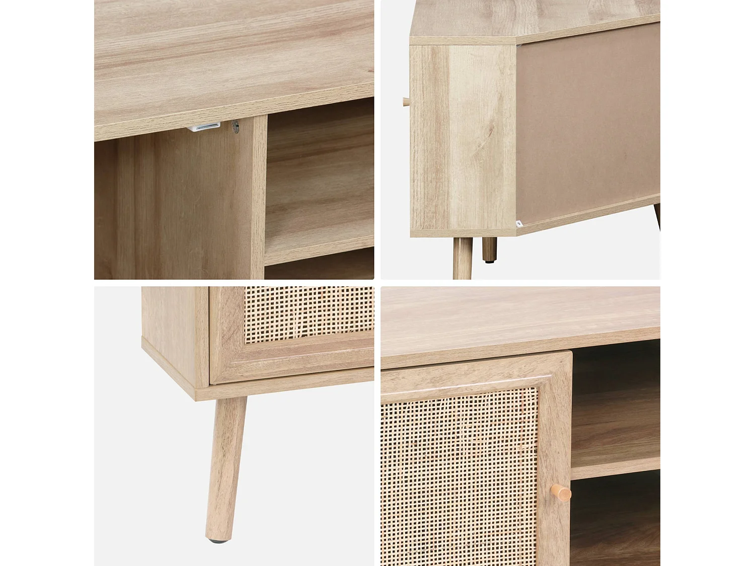 Meuble TV d'angle en décor bois et cannage. 2 portes. 1 étagère. 115cm