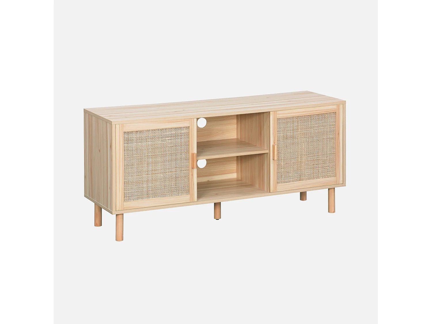 Meuble TV cannage et décor bois. 2 portes et 1 étagère. 120cm