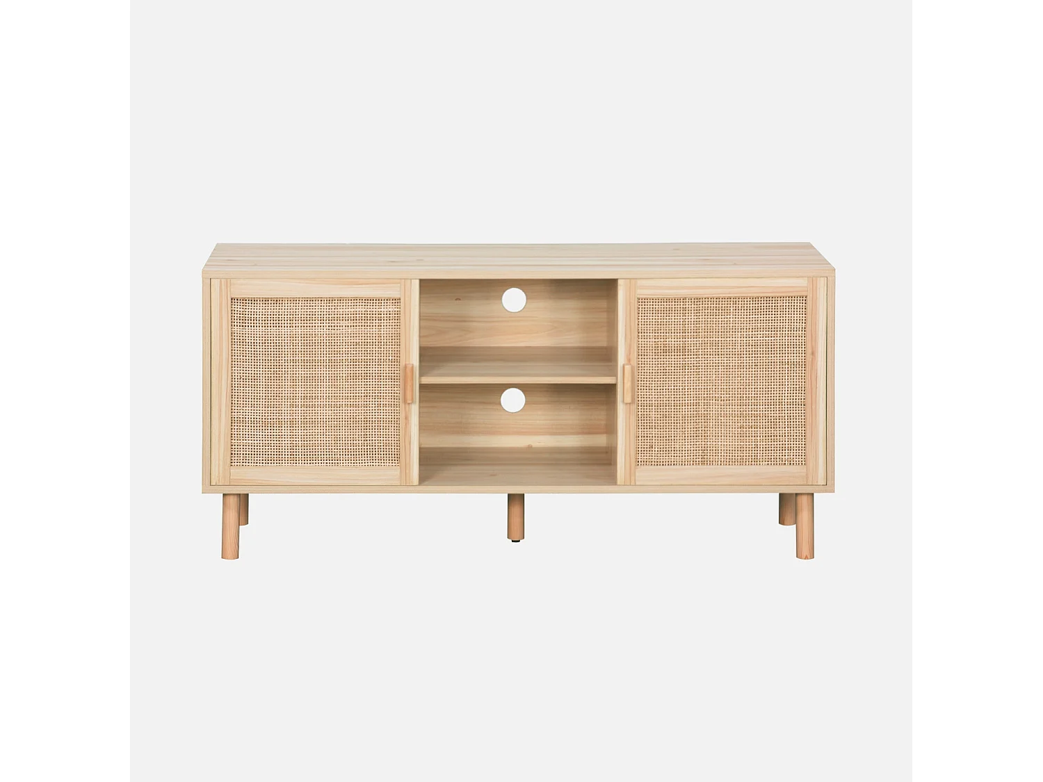 Meuble TV cannage et décor bois. 2 portes et 1 étagère. 120cm