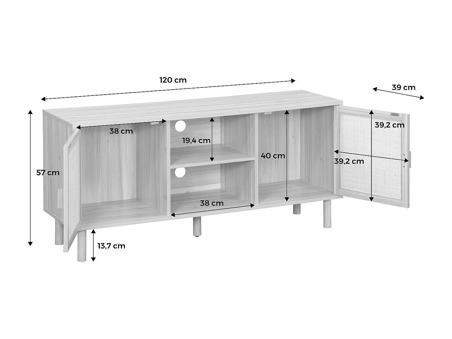 Meuble TV cannage et décor bois. 2 portes et 1 étagère. 120cm
