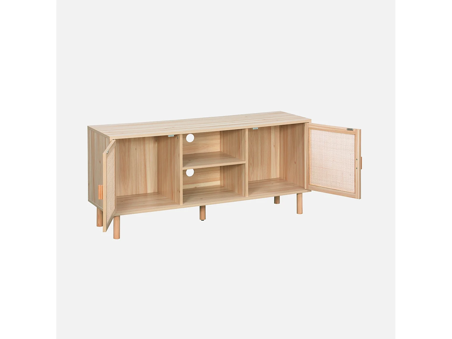 Meuble TV cannage et décor bois. 2 portes et 1 étagère. 120cm
