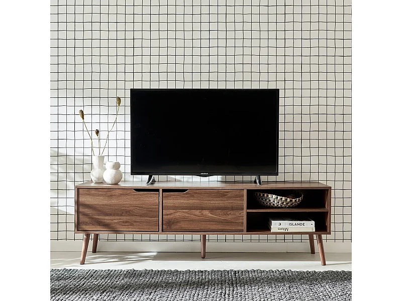 Meuble TV décor bois de noyer. 2 portes. 1 étagère. 160cm