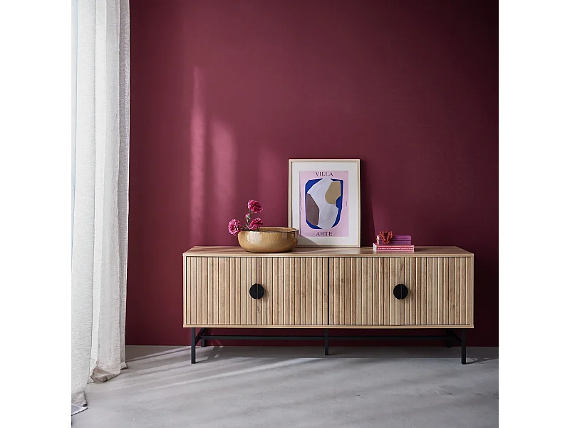 Meuble TV. Bazalt. effet chêne. quatre portes. deux étagères. L 157.5 x l 39 x H 60cm