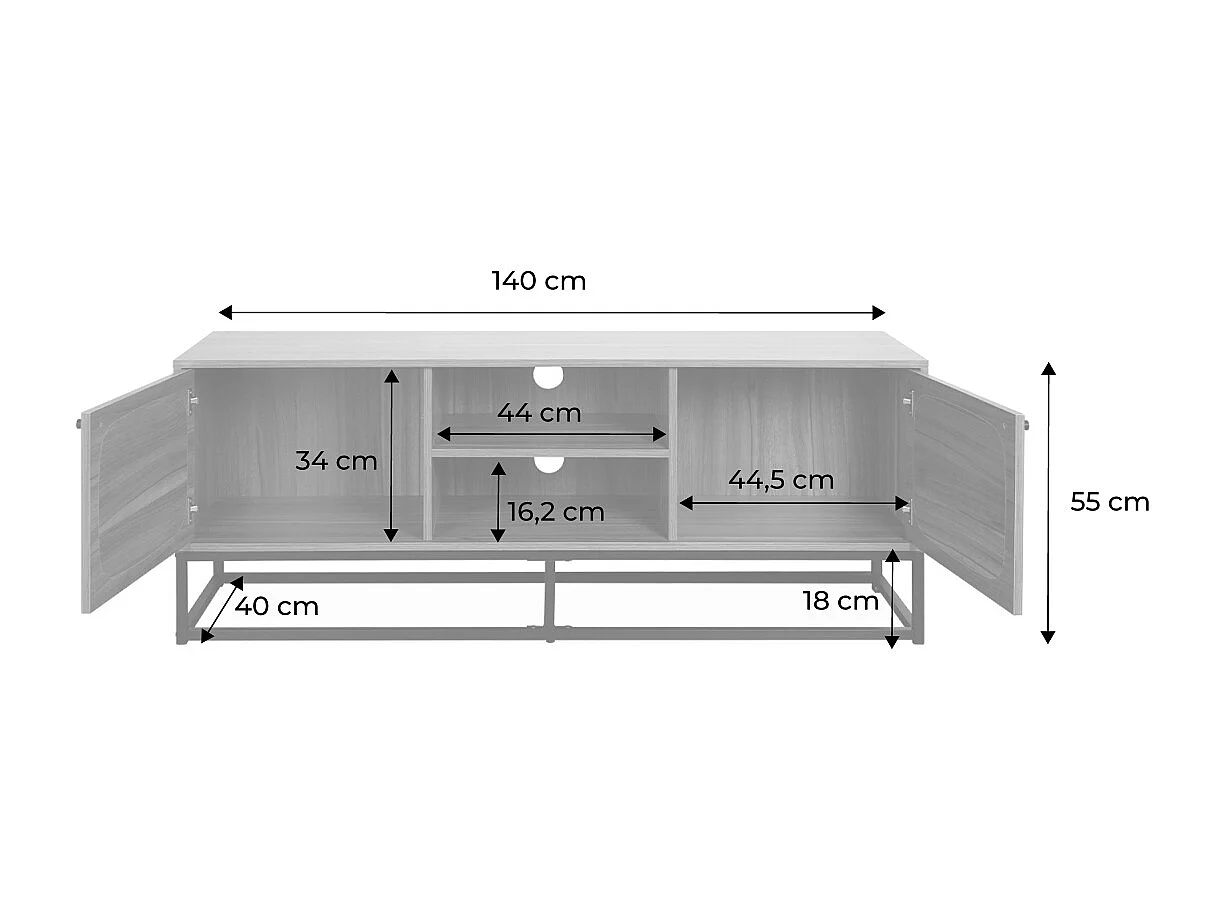 Meuble TV en décor bois et cannage arrondi 140cm. piètement et poignées en métal noir