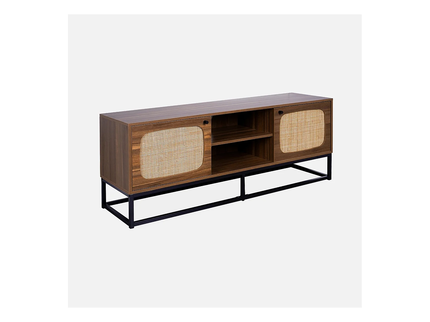 Meuble TV en décor bois et cannage arrondi 140cm. piètement et poignées en métal noir