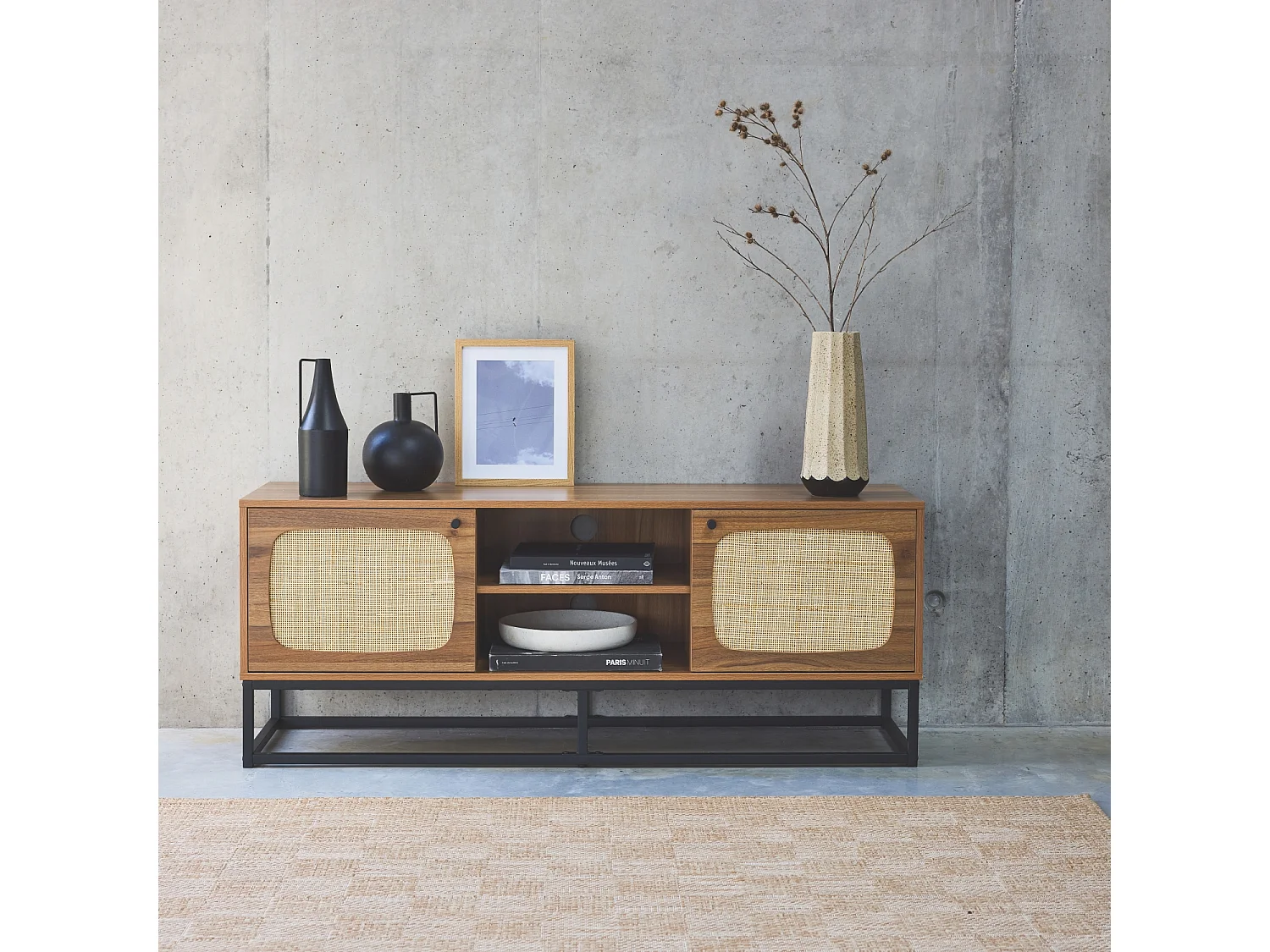 Soporte de tv de madera y caña redondeada 140cm natural