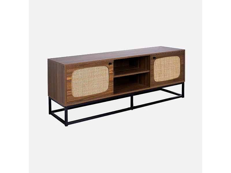 Meuble TV en décor bois et cannage arrondi 140cm. piètement et poignées en métal noir