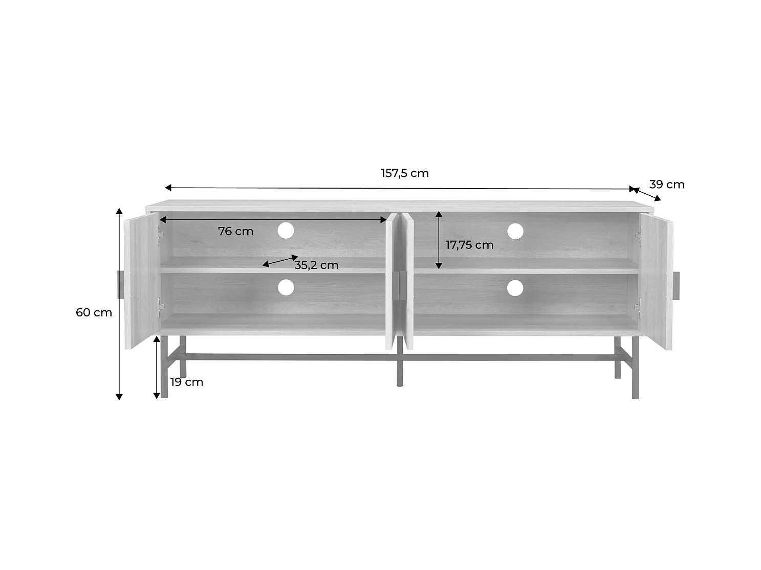 Meuble TV. Bazalt. quatre portes. deux étagères. L 157.5 x l 39 x H 60cm