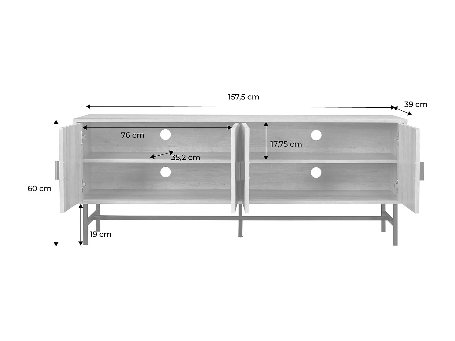 Meuble TV. Bazalt. quatre portes. deux étagères. L 157.5 x l 39 x H 60cm