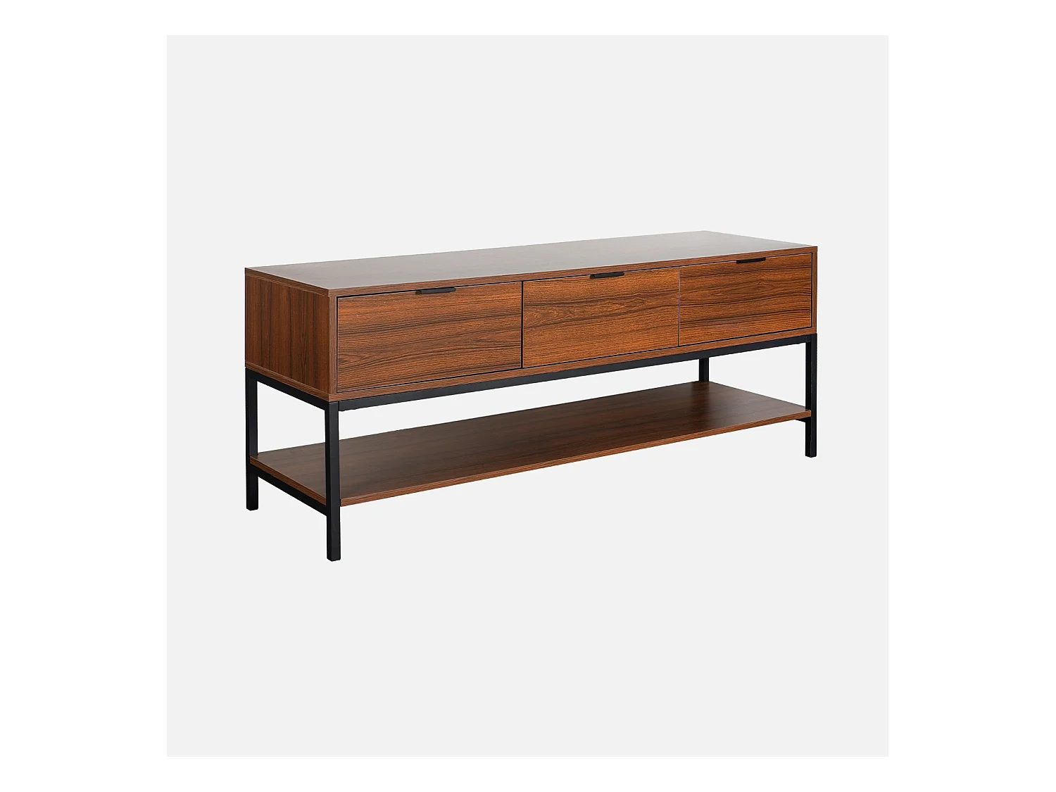 Meuble TV décor noyer L130cm avec piètement et poignées en métal noir - 3 tiroirs et 1 étagère inférieure