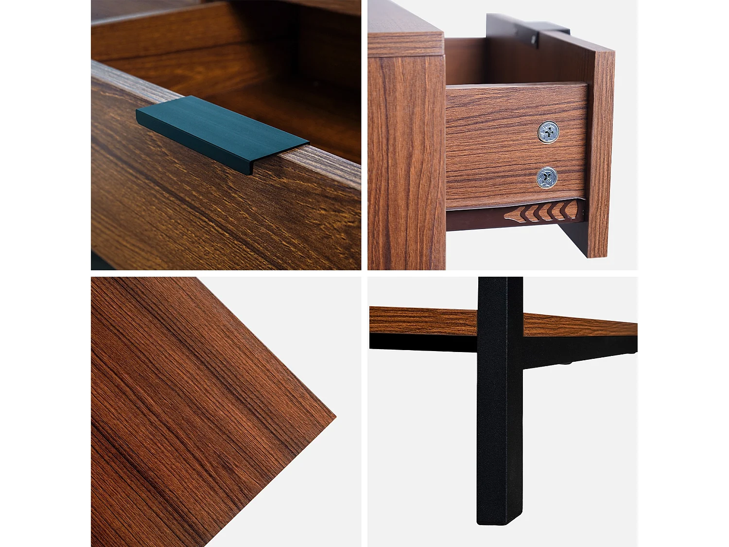 Meuble TV décor noyer L130cm avec piètement et poignées en métal noir - 3 tiroirs et 1 étagère inférieure