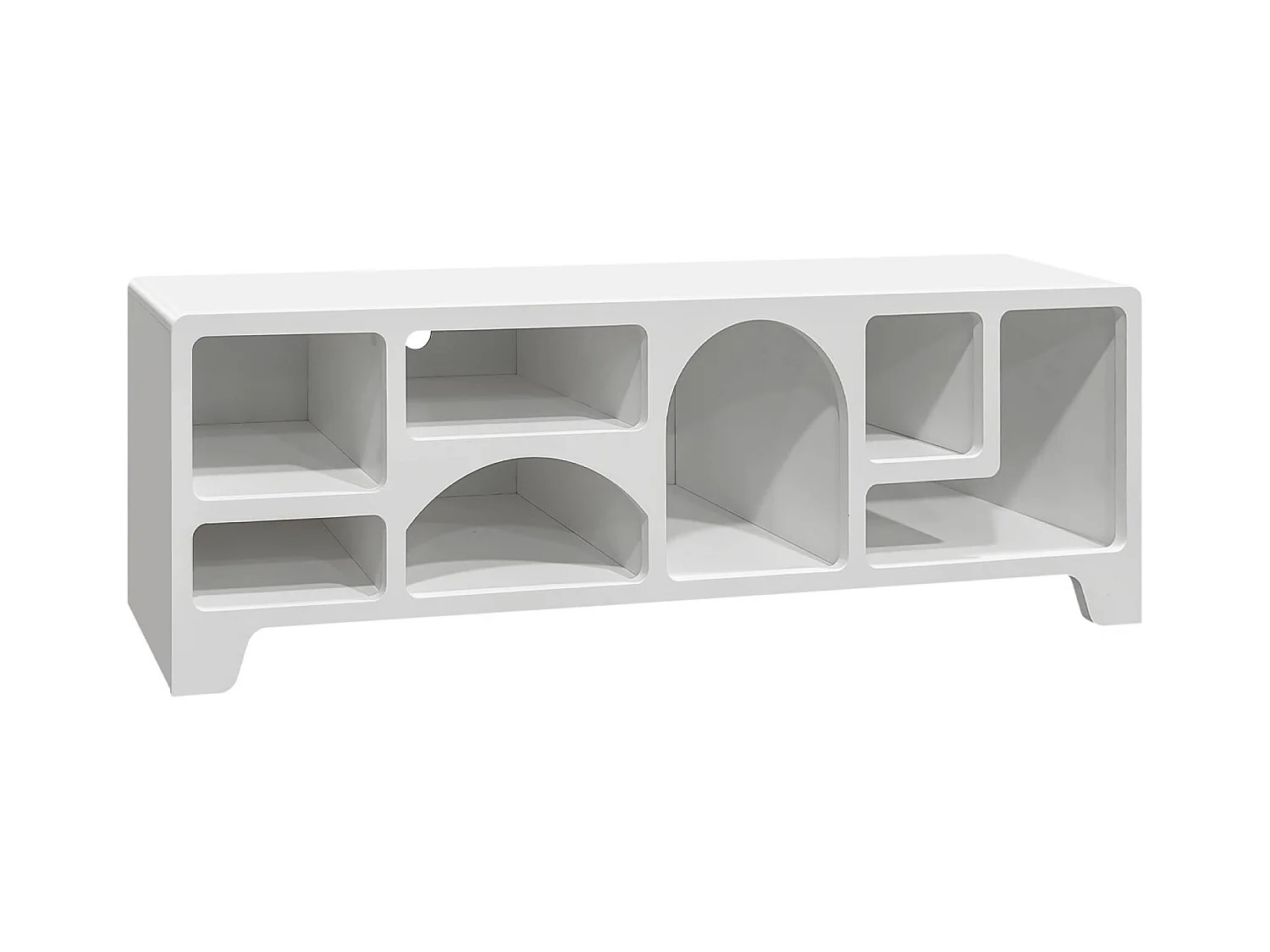 Meuble tv organique effet bois blanc 160cm avec plusieurs niches 7 compartiments de rangement L160cm