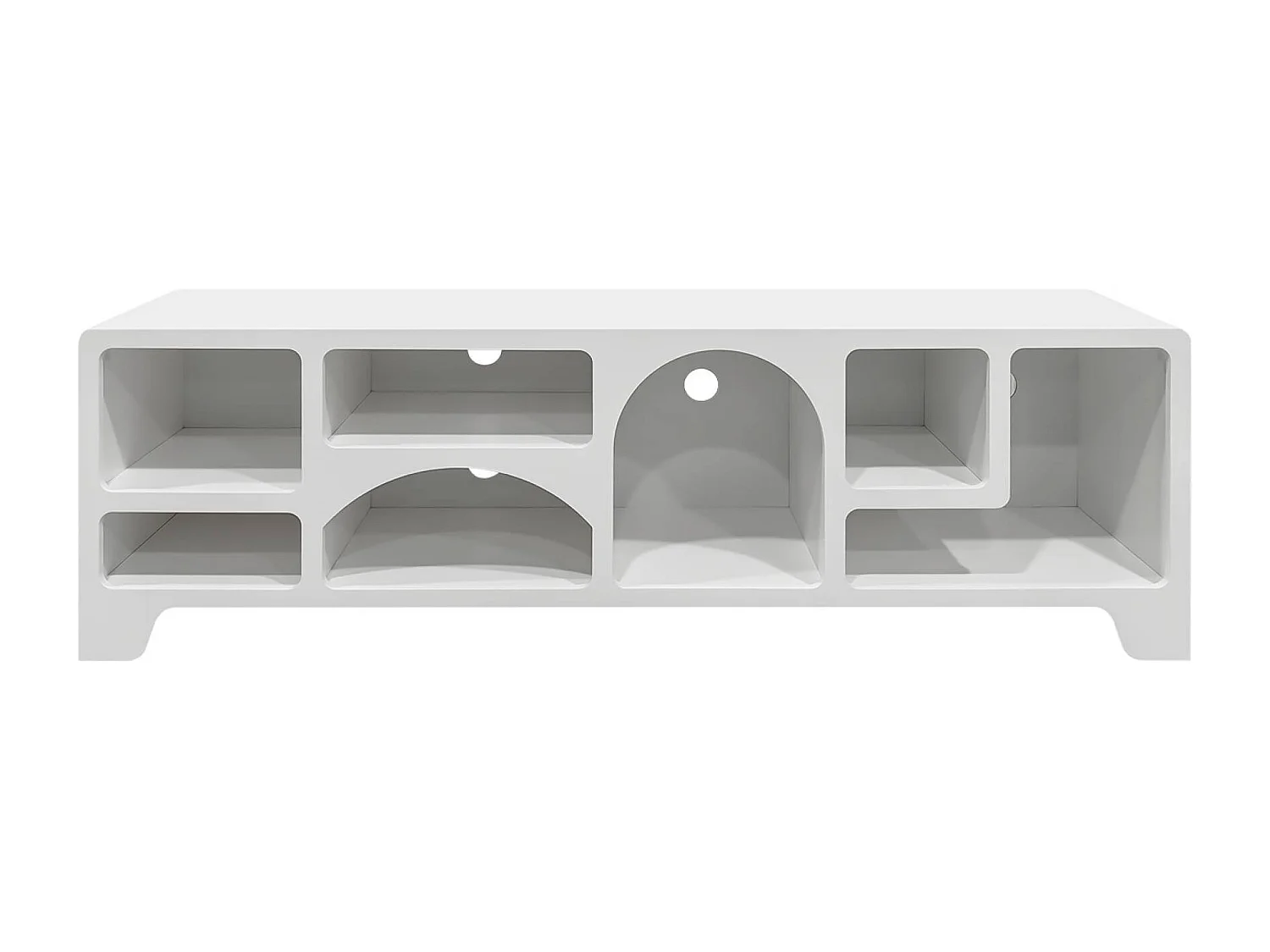 Meuble tv organique effet bois blanc 160cm avec plusieurs niches 7 compartiments de rangement L160cm