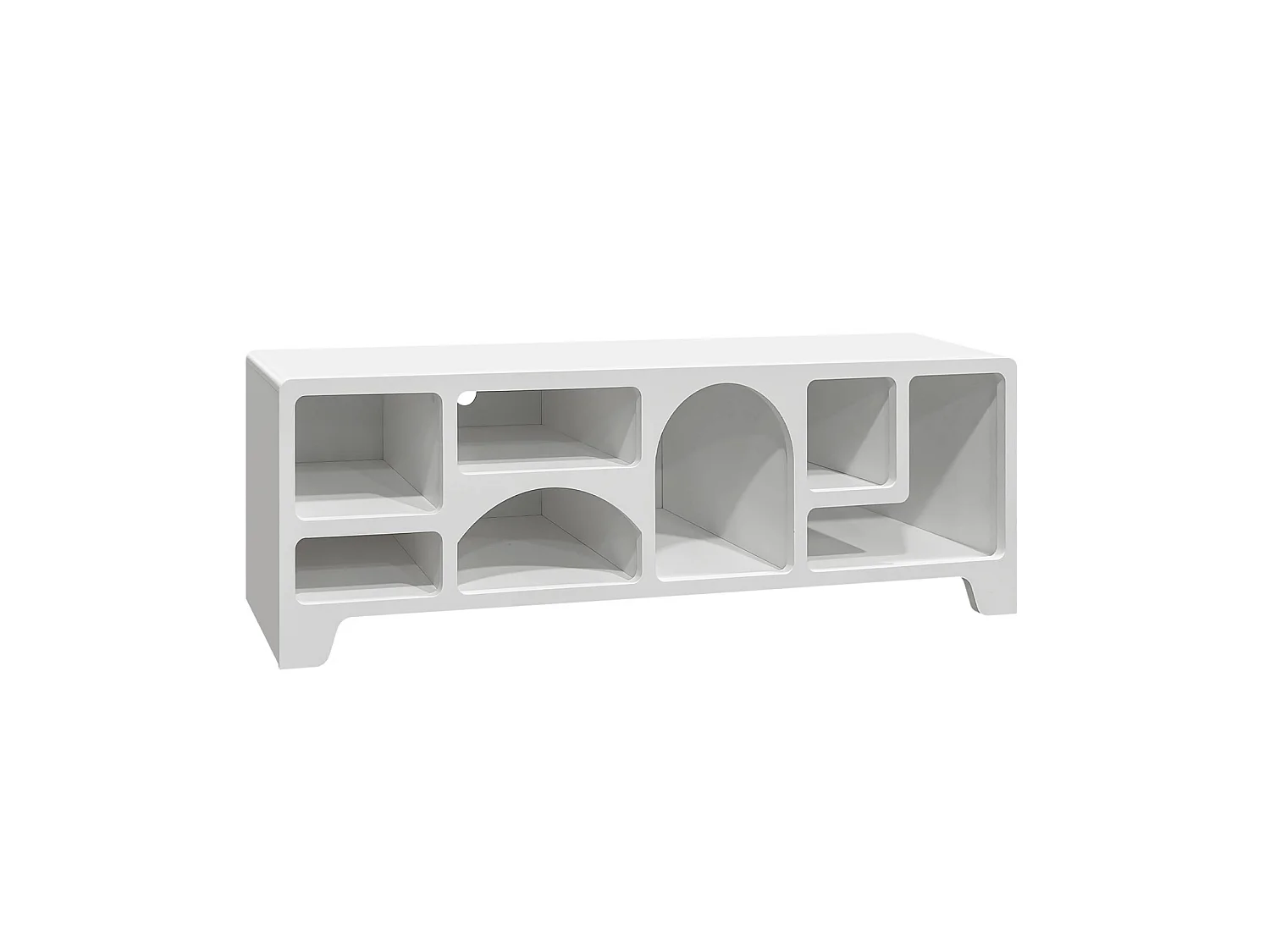 Meuble tv organique effet bois blanc 160cm avec plusieurs niches 7 compartiments de rangement L160cm