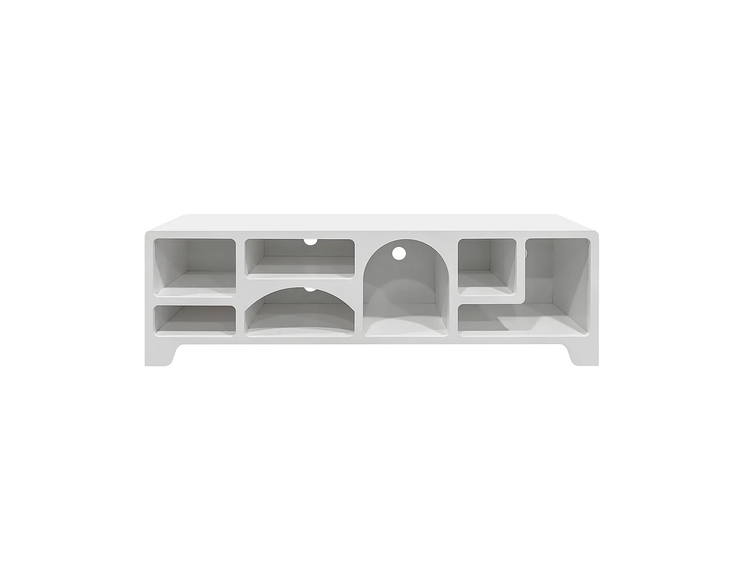 Meuble tv organique effet bois blanc 160cm avec plusieurs niches 7 compartiments de rangement L160cm