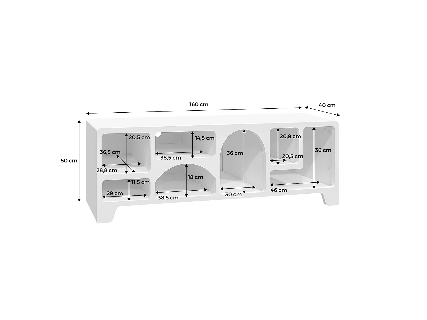 Meuble tv organique effet bois blanc 160cm avec plusieurs niches 7 compartiments de rangement L160cm