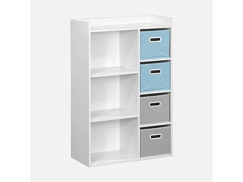 Meuble de rangement pour enfant avec 7 compartiments et 2 paniers bleus et 2 paniers gris en velours