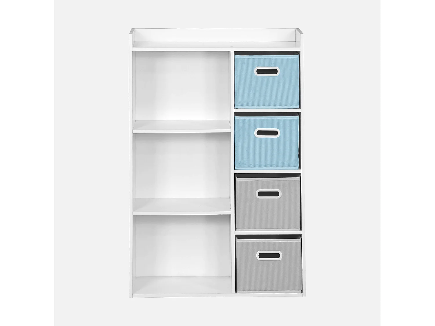 Meuble de rangement pour enfant avec 7 compartiments et 2 paniers bleus et 2 paniers gris en velours