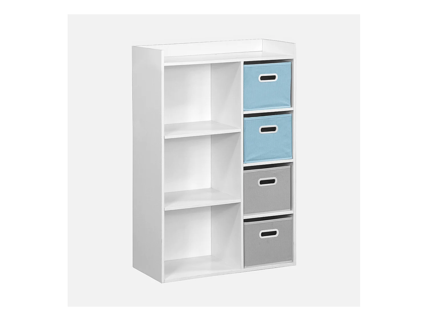 Meuble de rangement pour enfant avec 7 compartiments et 2 paniers bleus et 2 paniers gris en velours