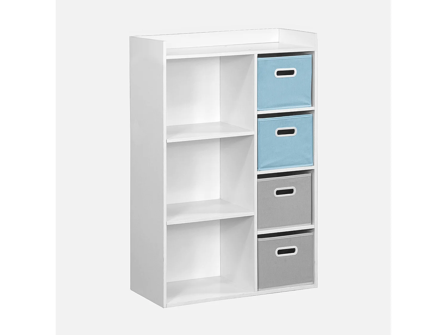 Meuble de rangement pour enfant avec 7 compartiments et 2 paniers bleus et 2 paniers gris en velours