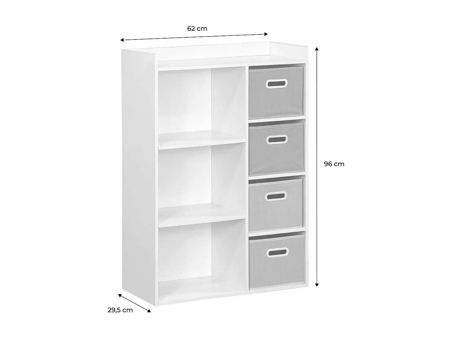 Meuble de rangement pour enfant avec 7 compartiments et 2 paniers bleus et 2 paniers gris en velours