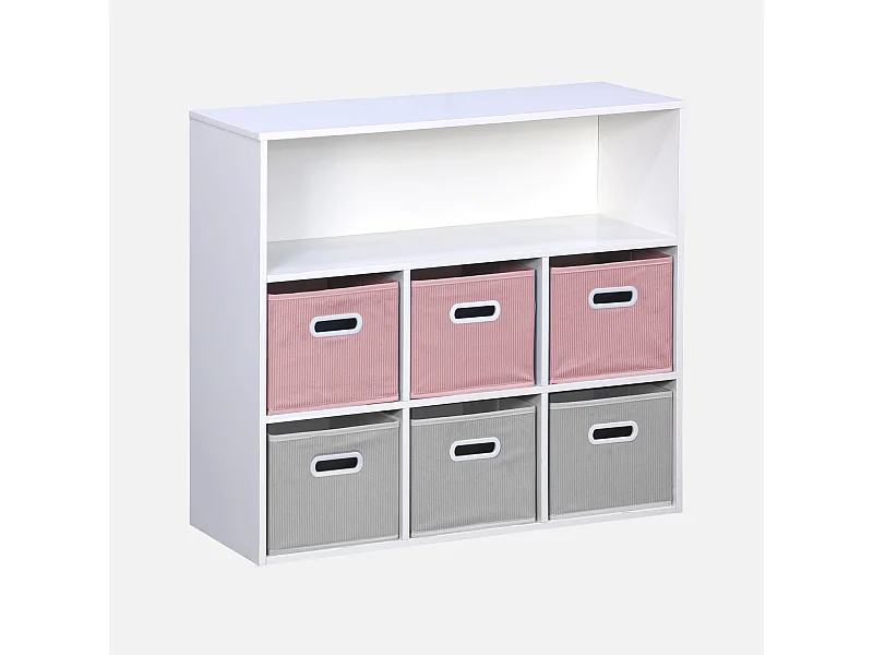 Meuble de rangement pour enfant avec 7 compartiments et 3 paniers roses et 3 paniers grisvelours