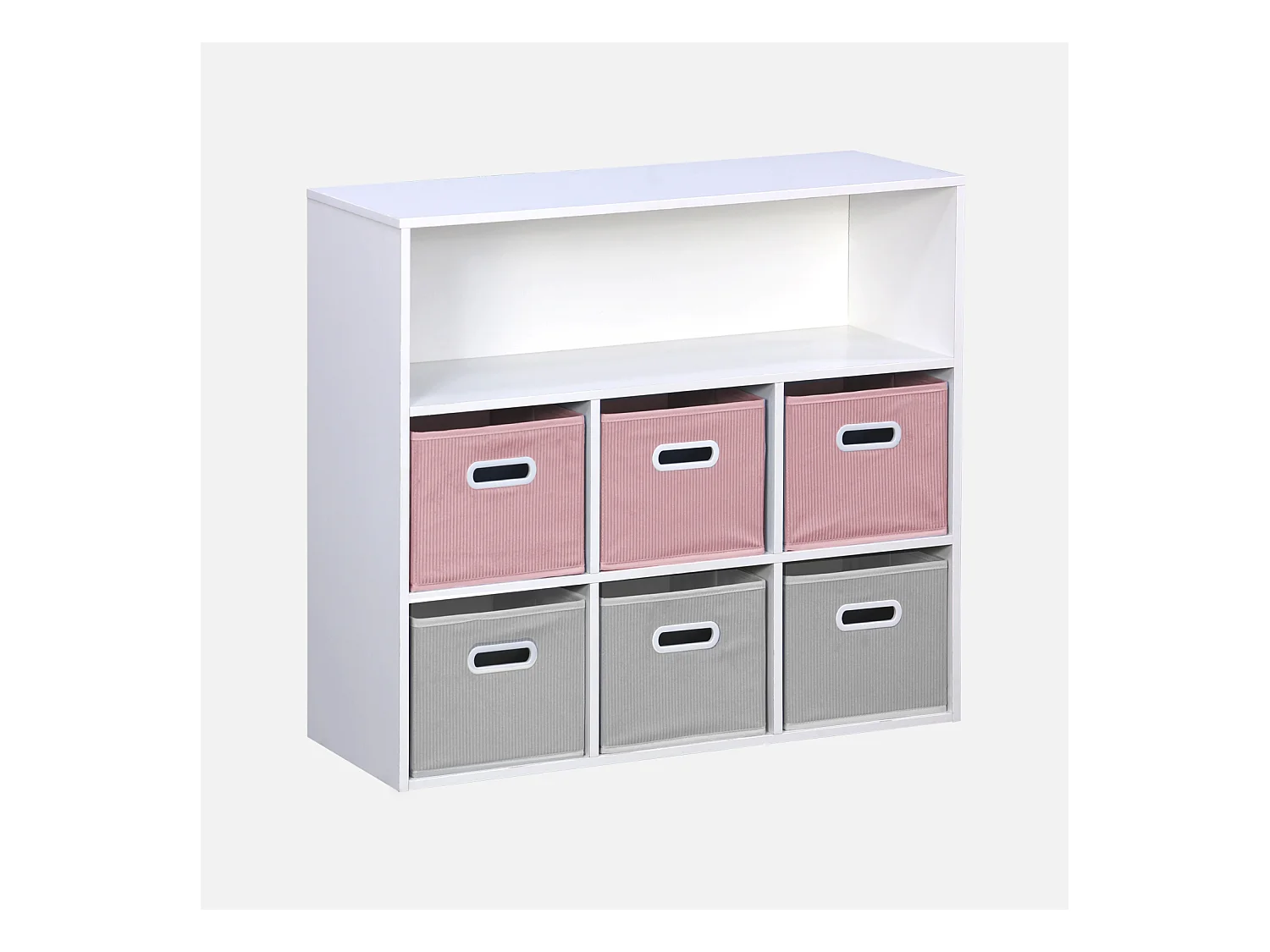 Meuble de rangement pour enfant avec 7 compartiments et 3 paniers roses et 3 paniers grisvelours