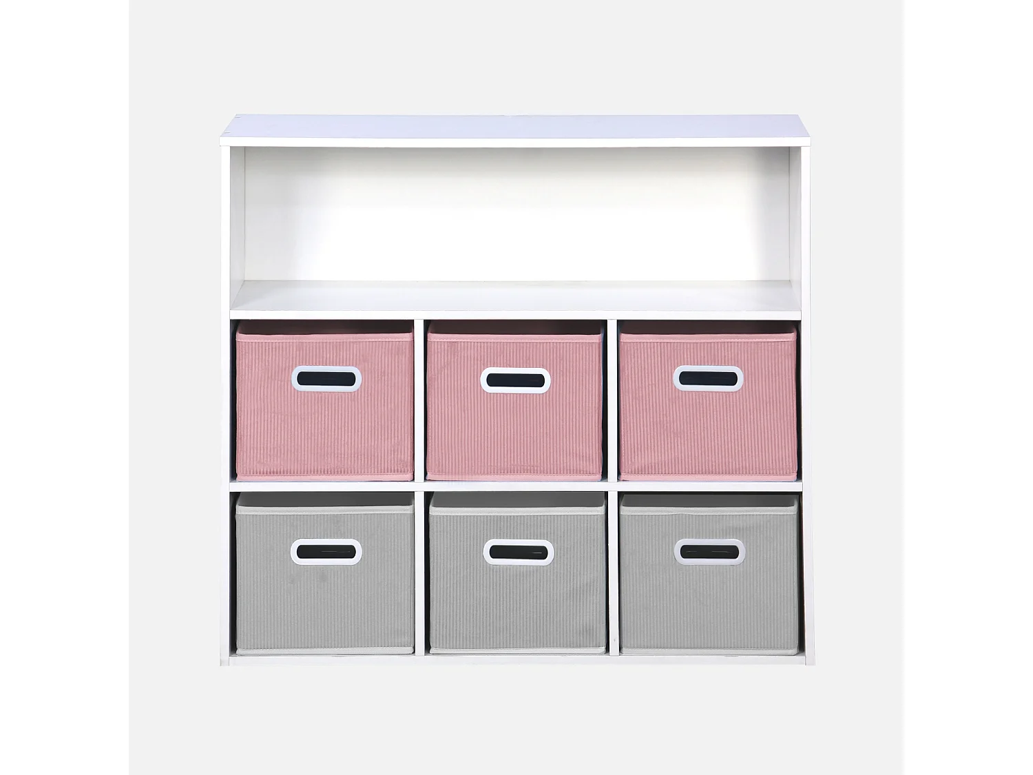 Meuble de rangement pour enfant avec 7 compartiments et 3 paniers roses et 3 paniers grisvelours