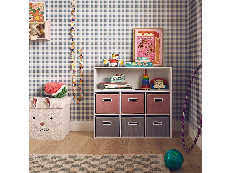 Meuble de rangement pour enfant avec 7 compartiments et 3 paniers roses et 3 paniers grisvelours