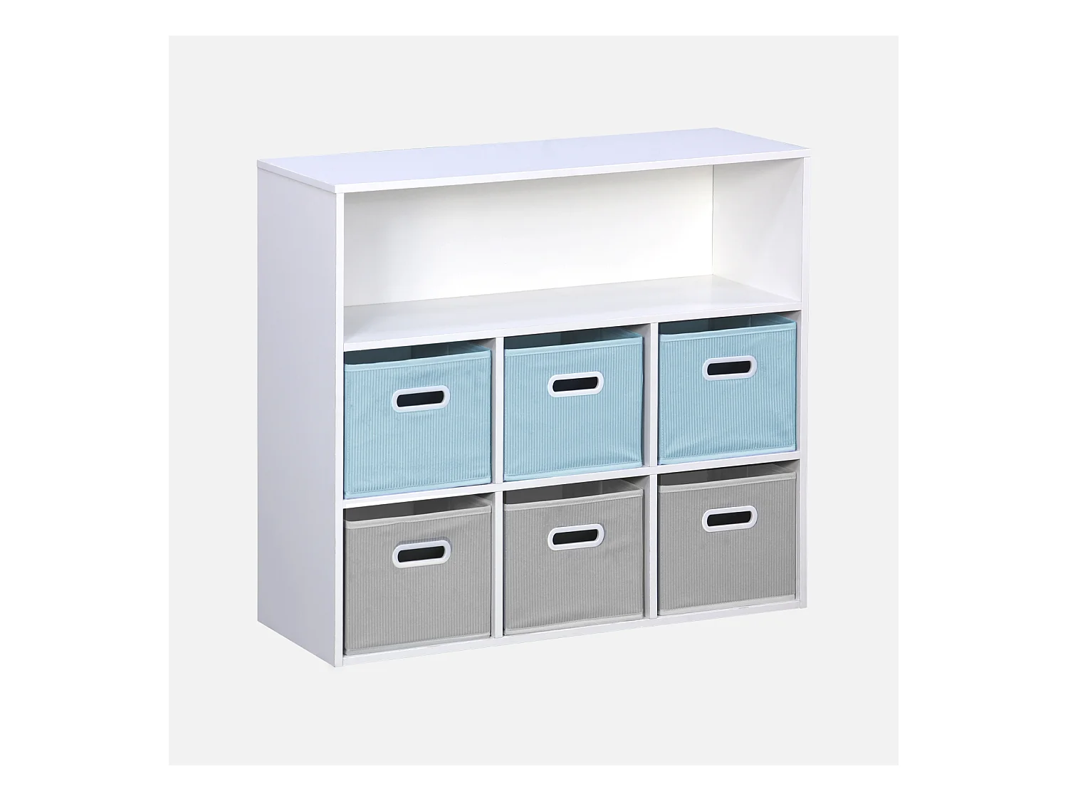 Meuble de rangement pour enfant avec 7 compartiments et 3 paniers bleus et 3 paniers gris en velours
