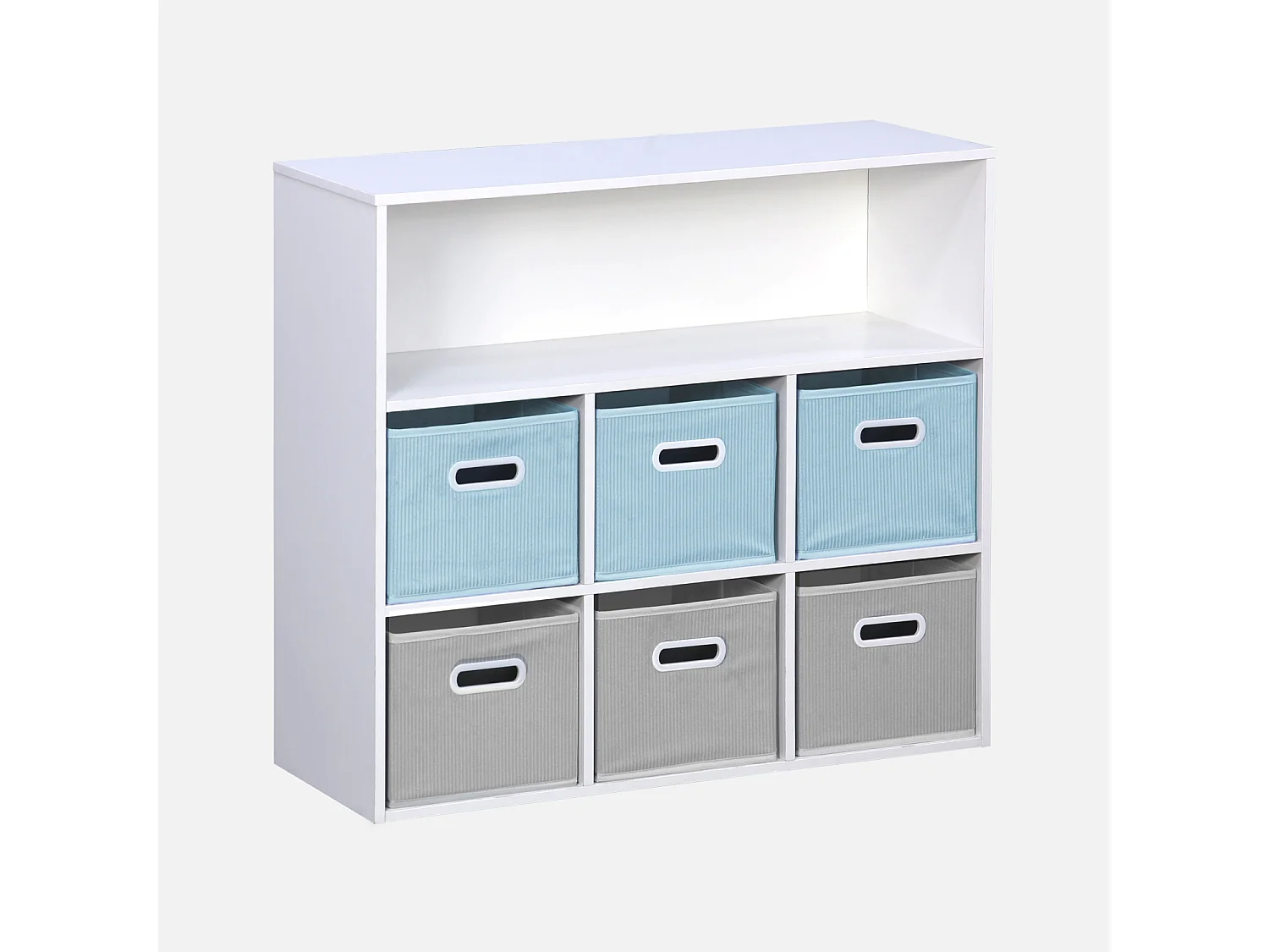 Meuble de rangement pour enfant avec 7 compartiments et 3 paniers bleus et 3 paniers gris en velours