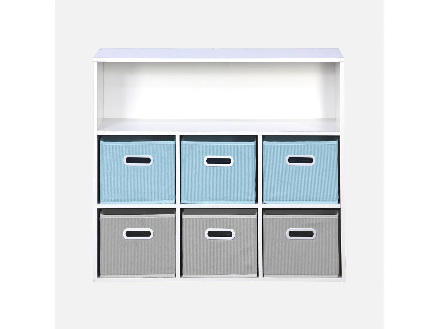 Meuble de rangement pour enfant avec 7 compartiments et 3 paniers bleus et 3 paniers gris en velours