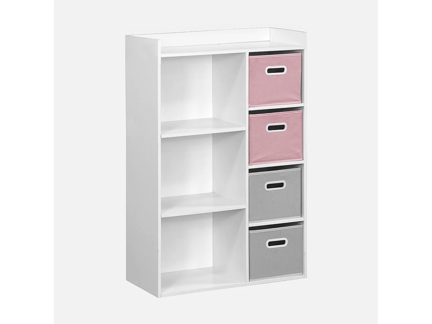 Meuble de rangement pour enfant avec 7 compartiments et 2 paniers roses et 2 paniers gris en velours