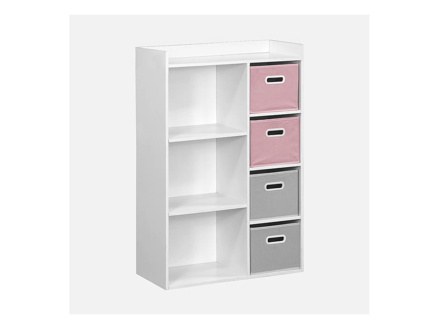 Meuble de rangement pour enfant avec 7 compartiments et 2 paniers roses et 2 paniers gris en velours