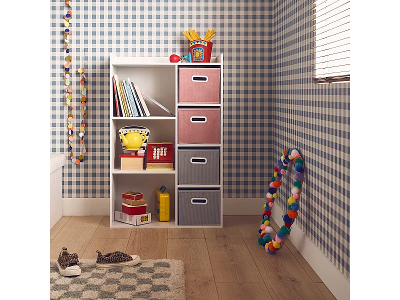 Meuble de rangement pour enfant avec 7 compartiments et 2 paniers roses et 2 paniers gris en velours