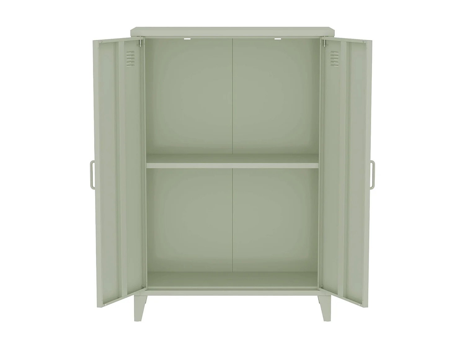 Commode/armoire en métal vert. 2 espaces de rangement. casiers