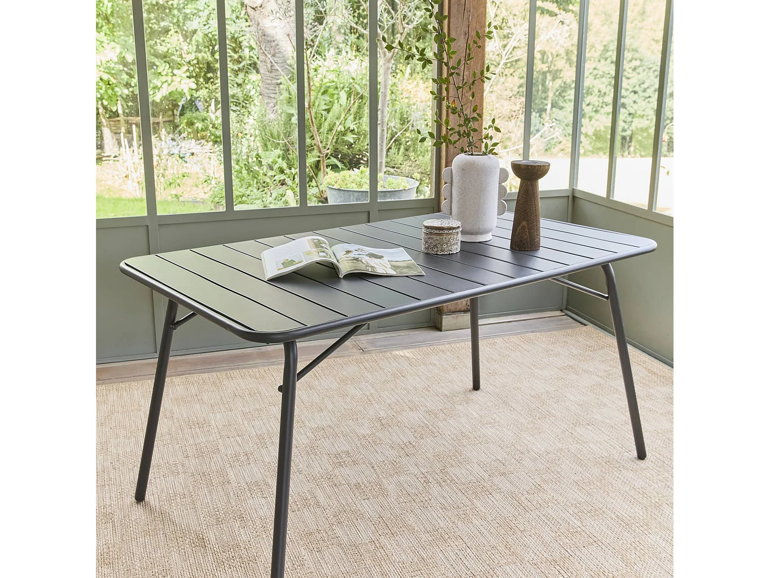 Tapis intérieur/extérieur effet jute coloris naturel motif damier. 160x230cm stabilisé aux UV