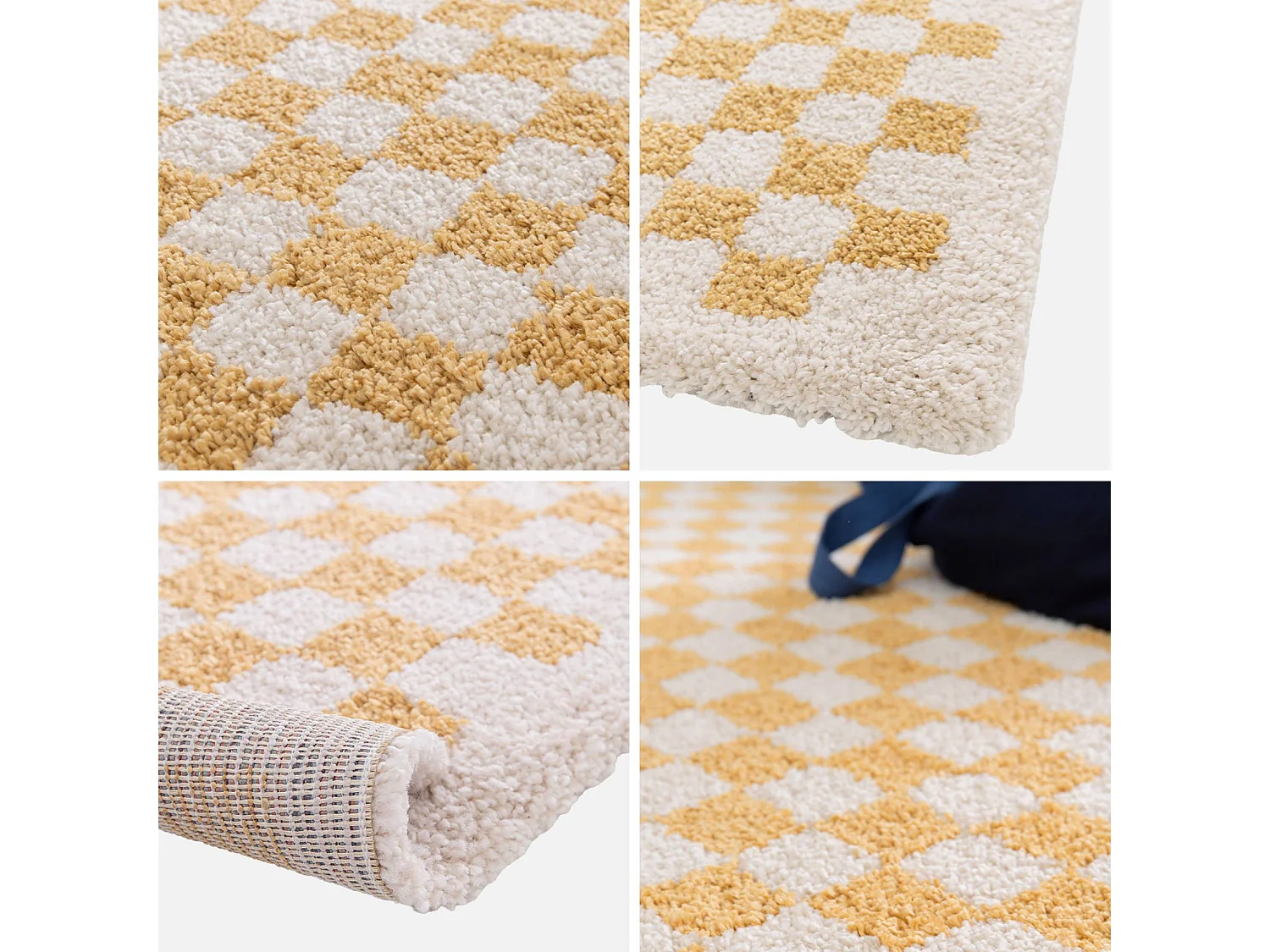 Tapis intérieur shaggy poils longs 80x150cm damier jaune moutarde et crème