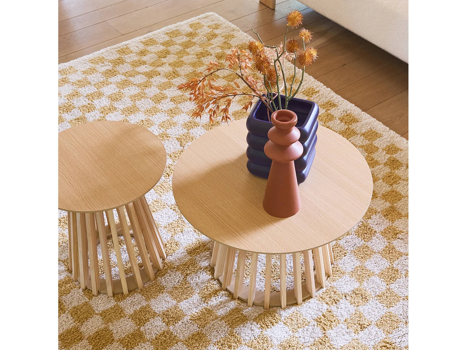 Tapis intérieur shaggy poils longs 80x150cm damier jaune moutarde et crème