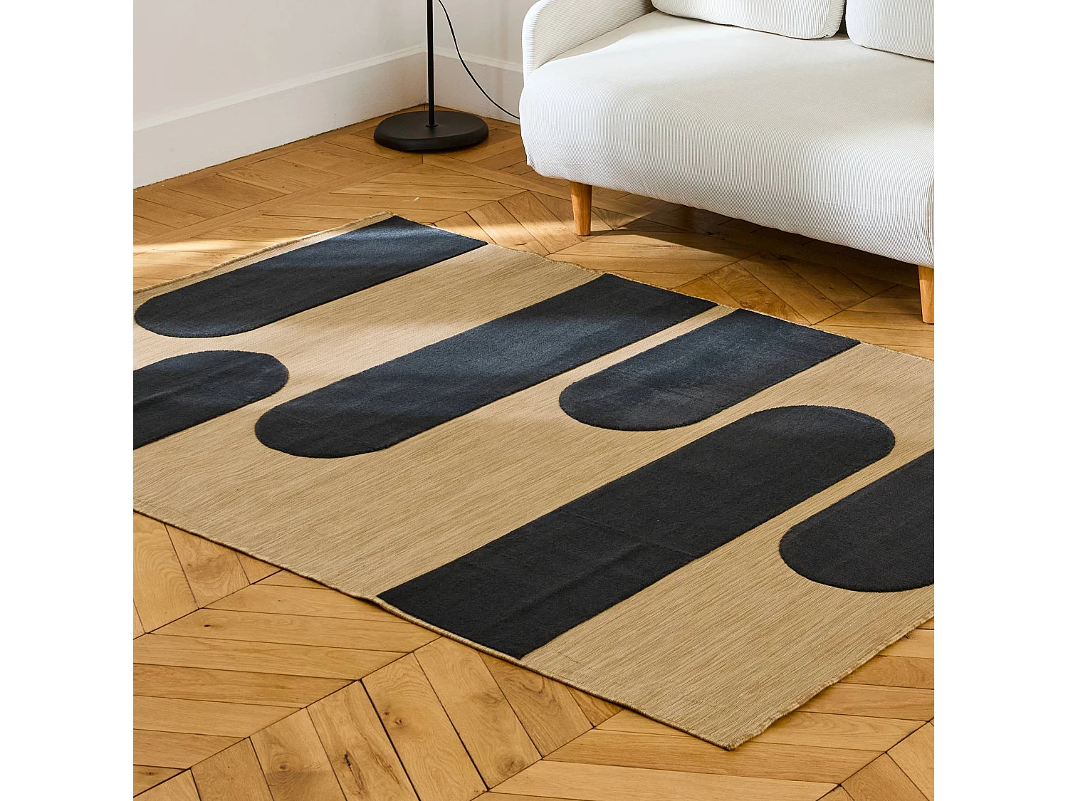 Tapis intérieur/extérieur beige motif géométrique noir 160x230cm tissé plat
