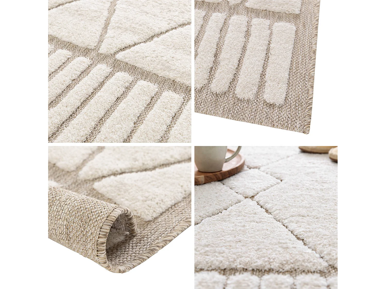 Tapis intérieur motif ethnique berbère 80x150cm poils ras. beige et crème