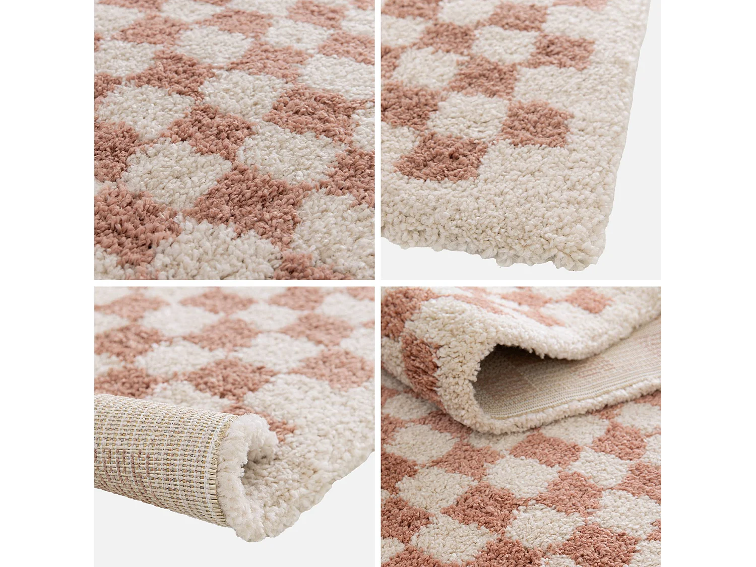 Tappeto vintage a scacchiera rosa e crema