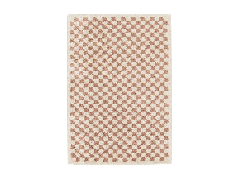 Tapis intérieur shaggy poils longs 120x170cm damier vieux rose et crème