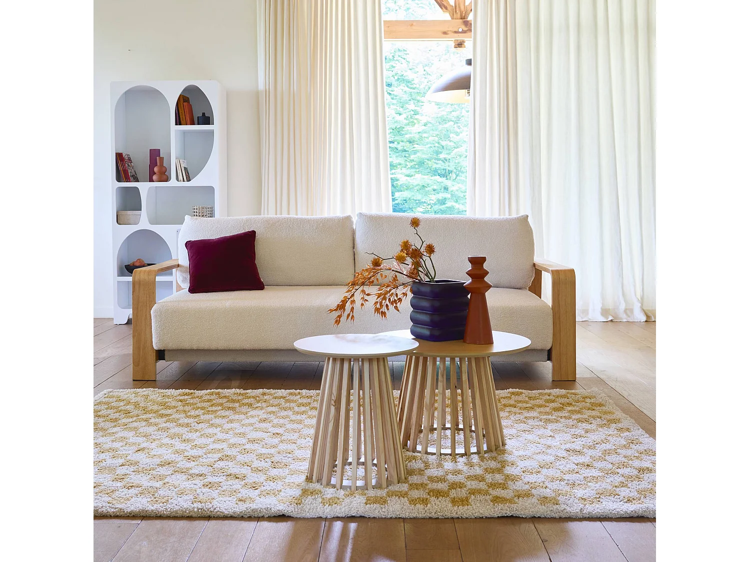 Tapis intérieur shaggy poils longs 200x290cm damier jaune moutarde et crème