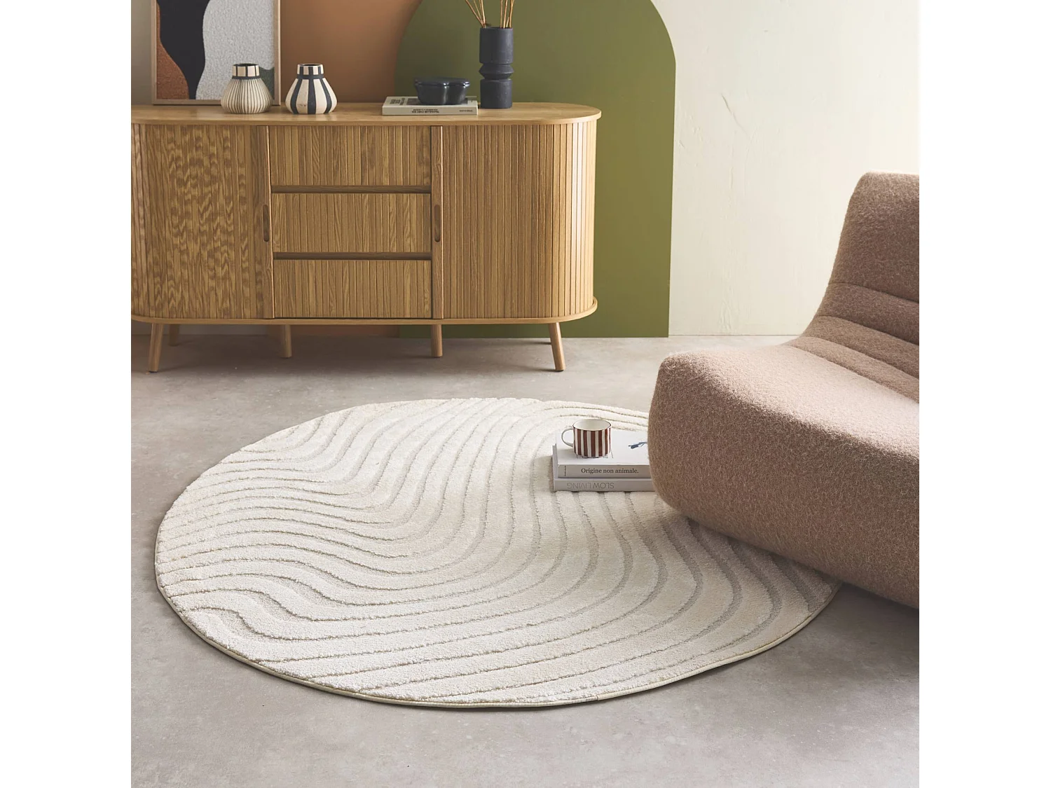 Tapis rond intérieur motifs ondulations en relief crème Ø160cm