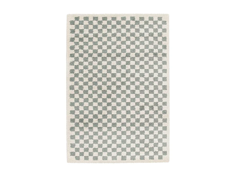 Tapis intérieur shaggy poils longs 120x170cm damier bleu clair et crème