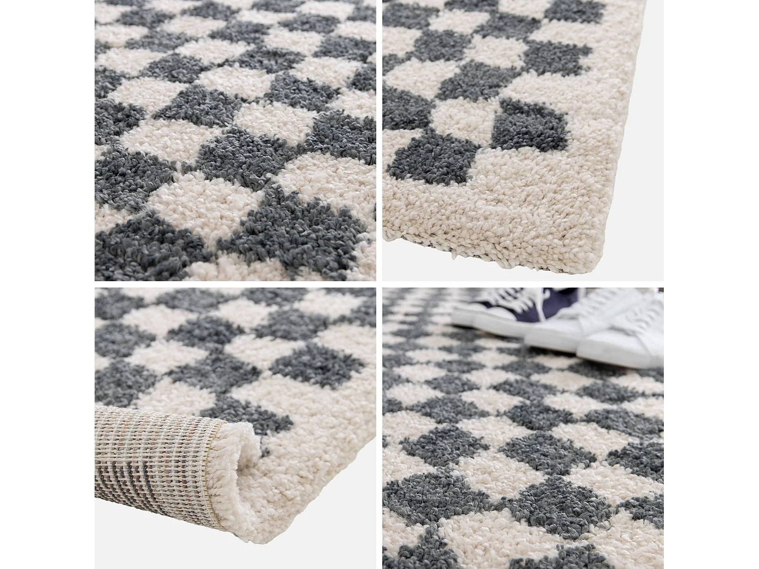 Tapis intérieur shaggy poils longs 120x170cm damier bleu foncé et crème
