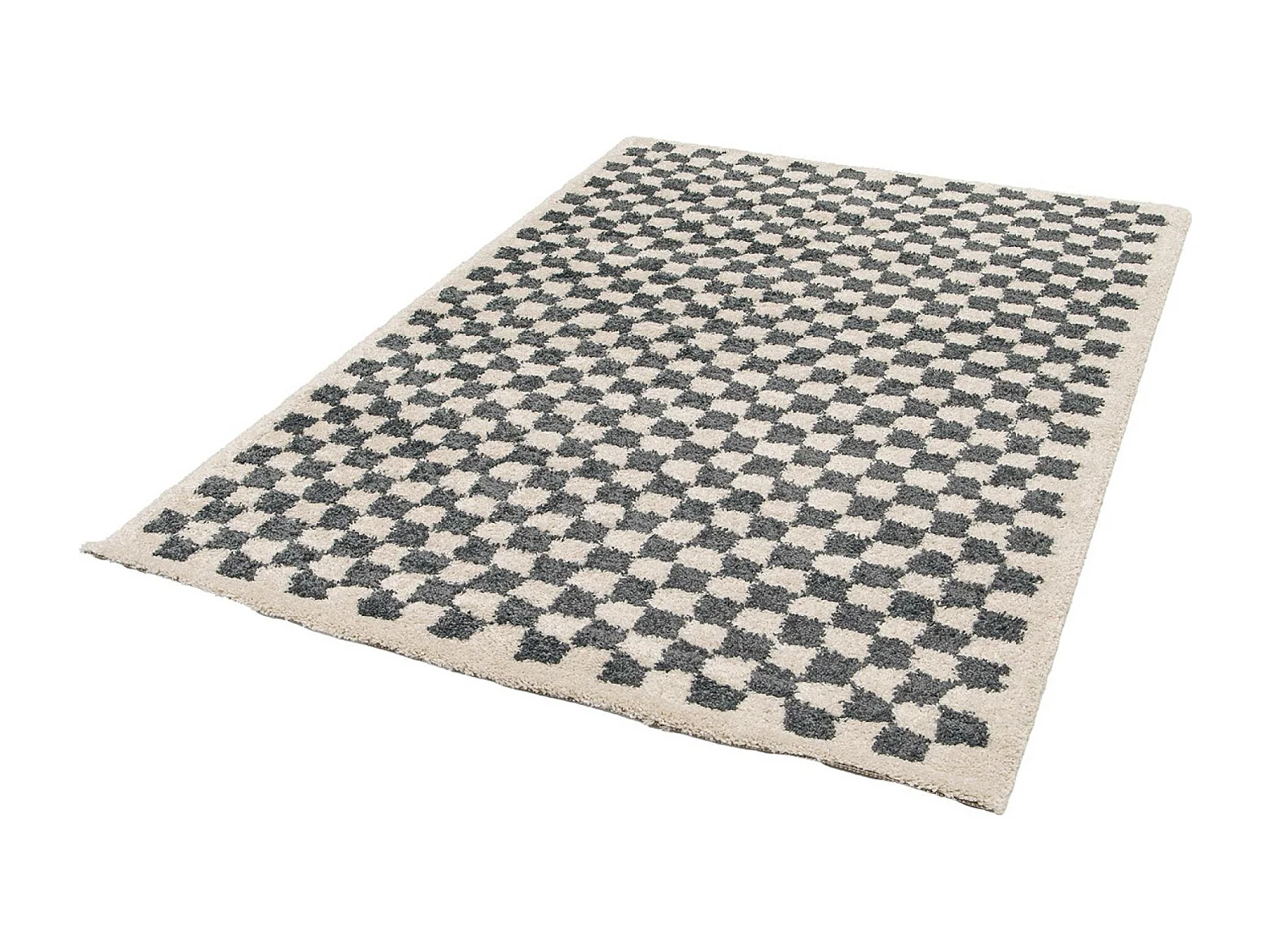 Tapis intérieur shaggy poils longs 120x170cm damier bleu foncé et crème
